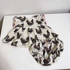 Pink Chicken Dress and Bloomers Set Chickens Print Gauze Girls Size 12-18 Months